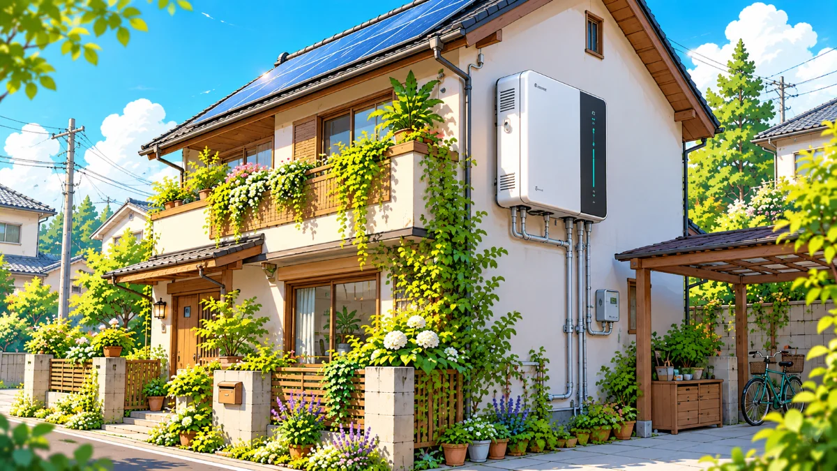 House with rooftop panels and a battery visible by the side wall