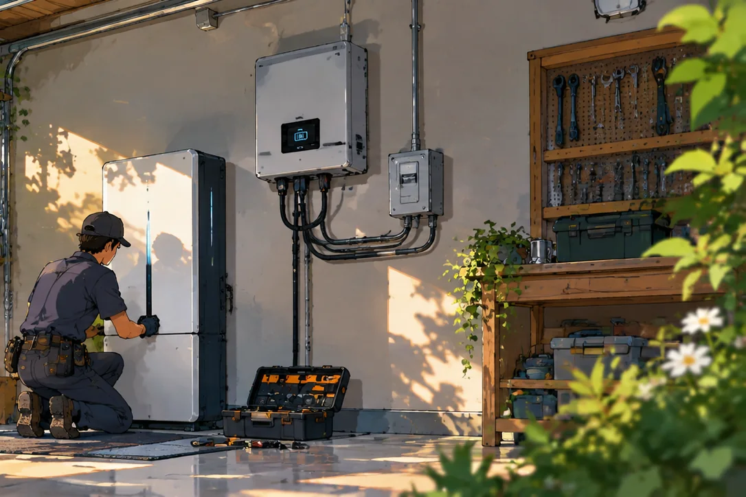 An installer fitting a home battery in a garage, beside the inverter and isolator