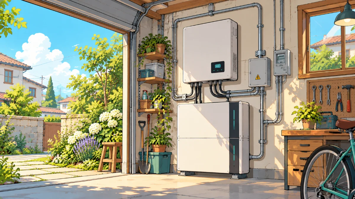 Wall-mounted home battery on an outside wall or in a garage · full width, at least 1800 × 700
